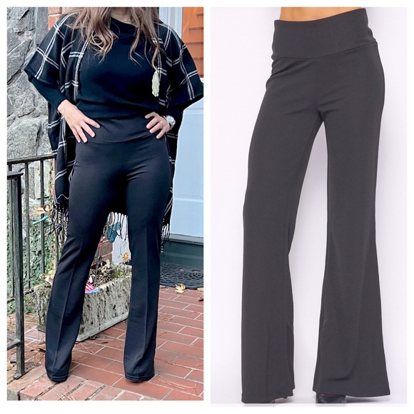 Knit Crepe High Waist Long Straight Flare Pants - Picture 1 of 3